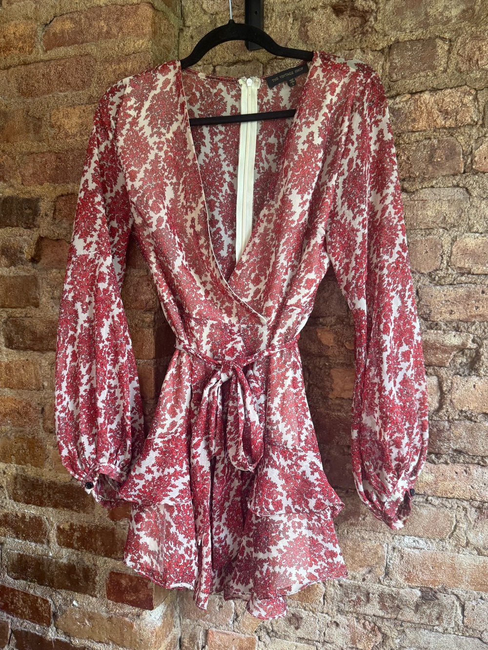 Vibrant Red Floral Wrap Mini Dress Long Sleeve Plunging Neckline